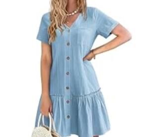 Jane+Delancey Womens Chambray Button Front Ruffle Flounce Hem Dress Size L